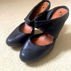 Leifsdottir Black Leather Ankle Wrap Heels